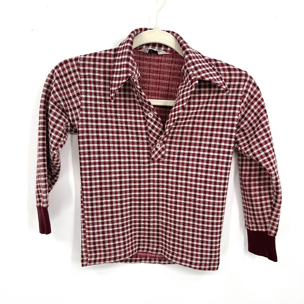 vintage 70s Abels plaid long sleeve polo‎ shirt hippie heritage retro red 10